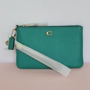 COACH Small Wristlet in Polished Pebbled Leather -Bright Green Color